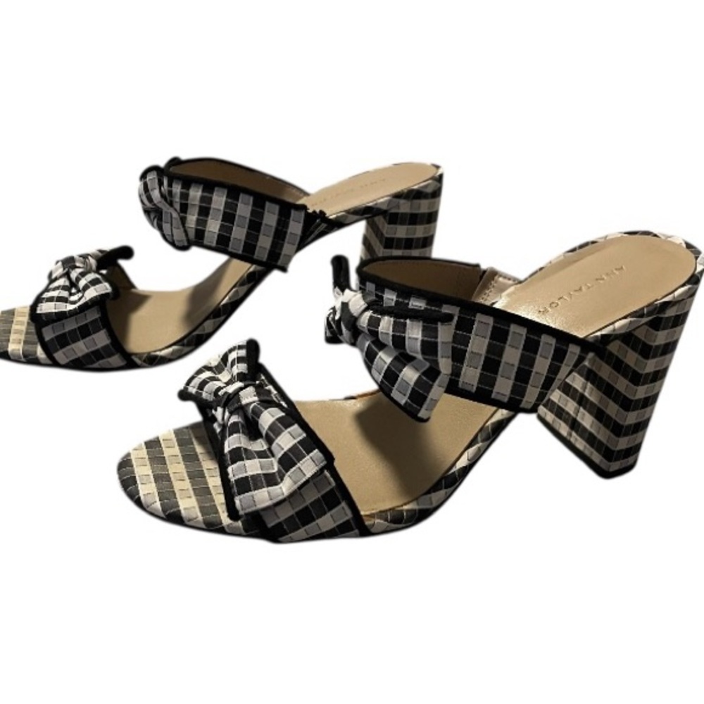 ANN TAYLOR Black & White JANIE Gingham Bow Slip On 3" Stack Heel Sandals Size 7 - Picture 5 of 8